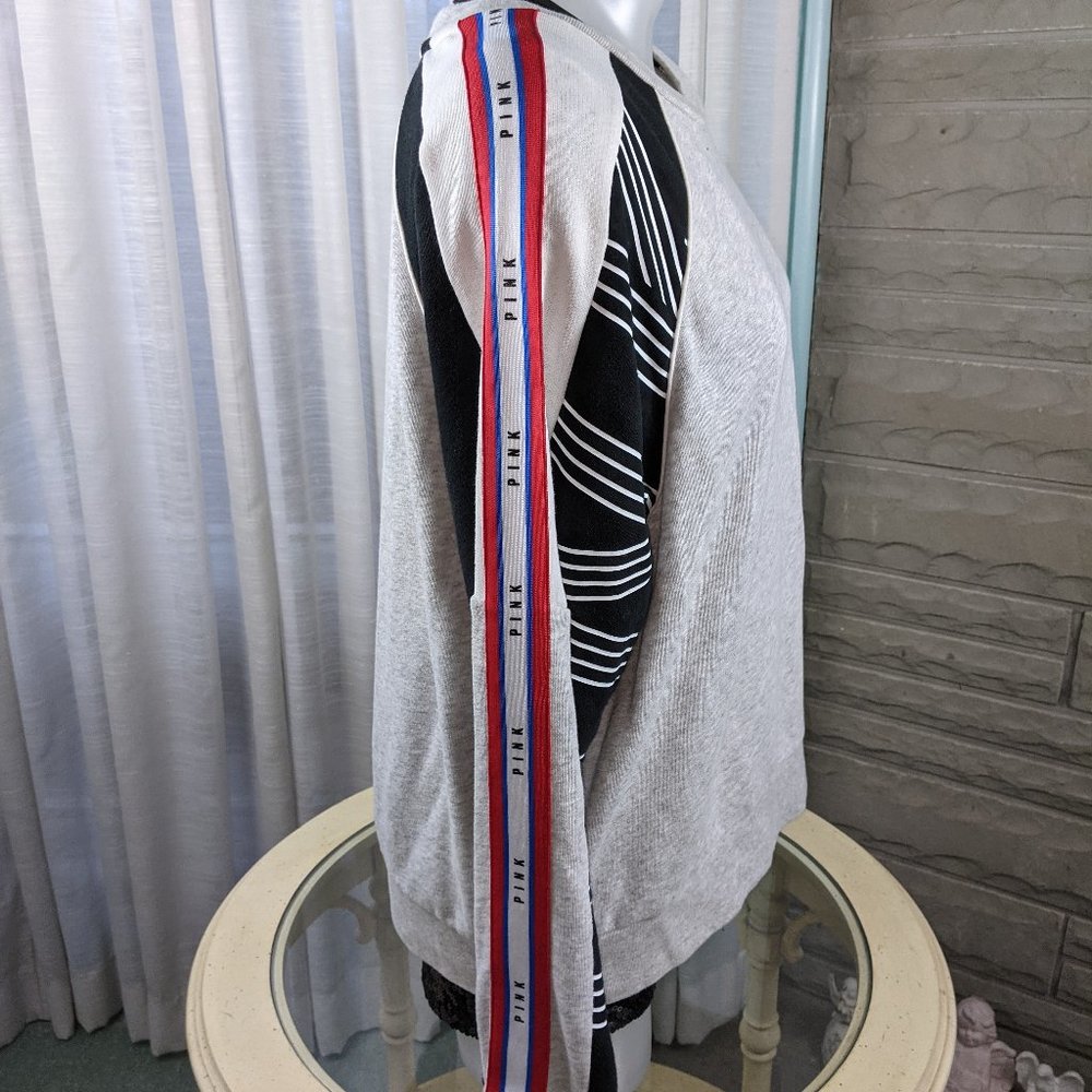 VS Pink 2018 Red White Blue Logo Stripe Sleeve Gray Sweatshirt Grey